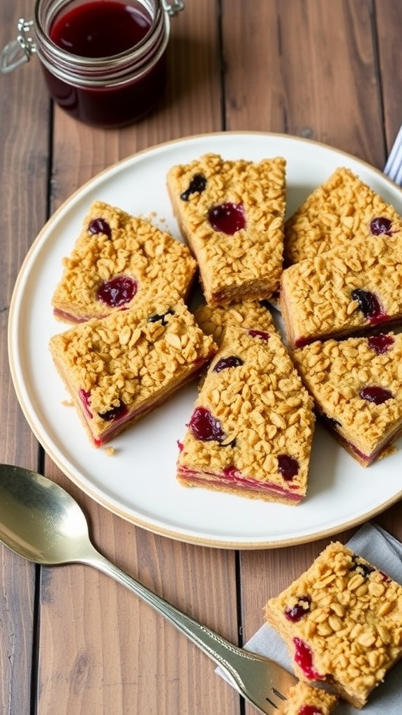 Chewy oat jam bars with a layer of fruit jam, served on a rustic plate.